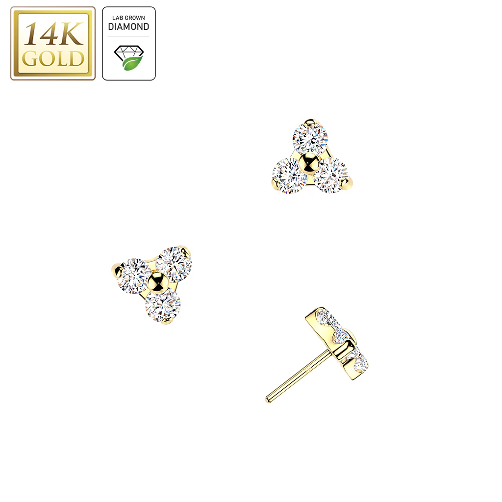 14K Solid Gold Threadless Trinity Top 3 Lab Grown Diamond Top For Belly Lip Tragus - Image 3