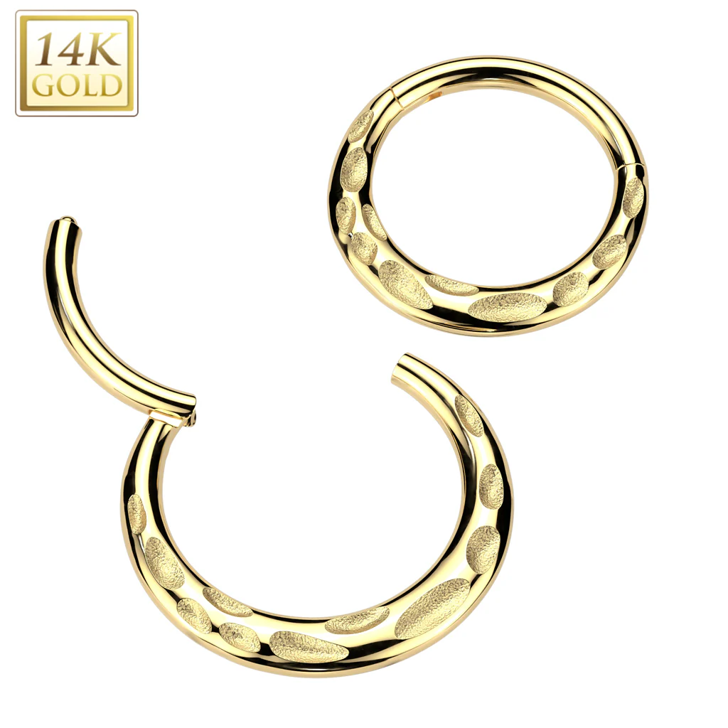 14K Solid Gold Forward Facing Hammered Hinged Segment Hoop Ring - Image 2
