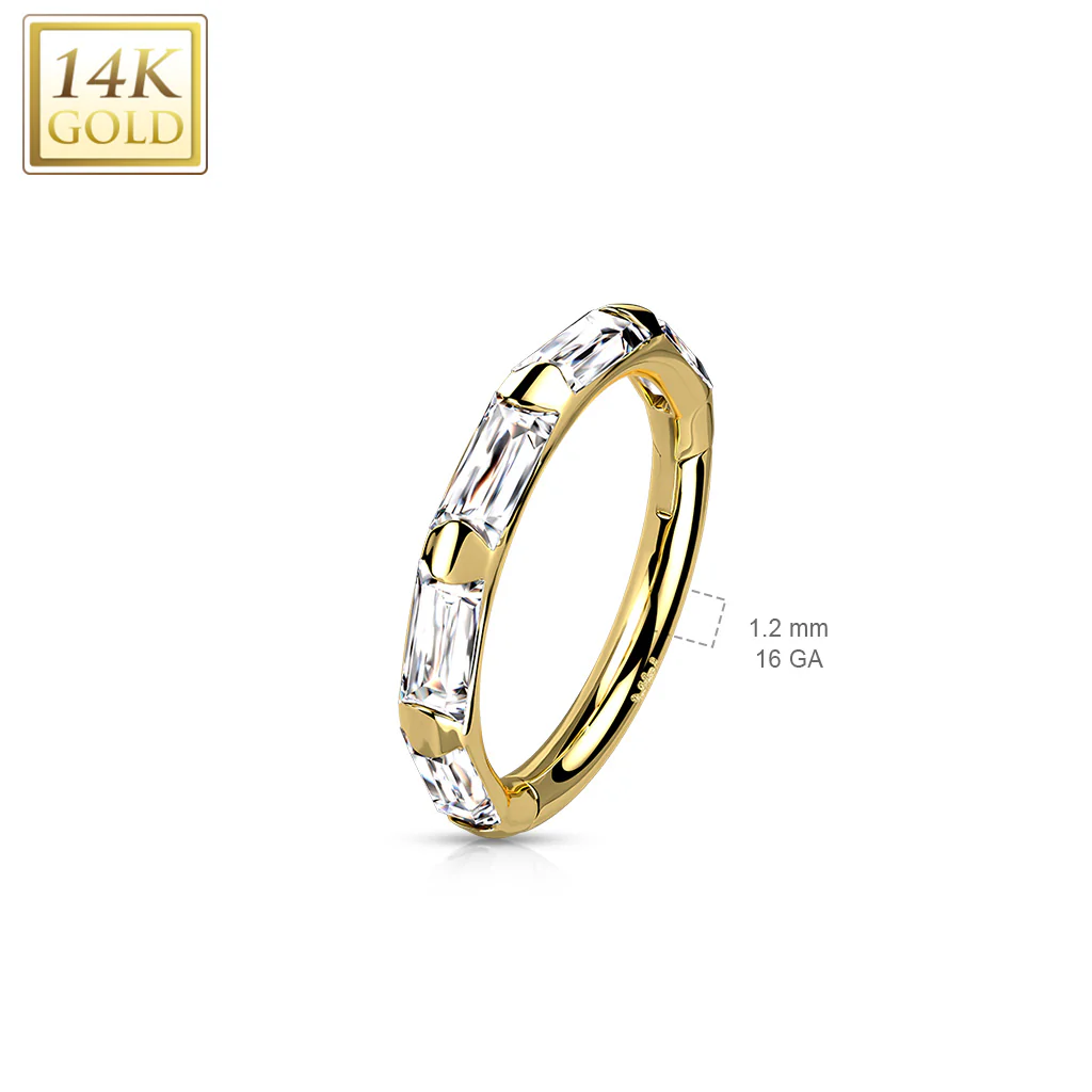 14K Solid Gold Baguette CZ Hinged Segment Hoop Ring Nose Septum Daith - Image 2