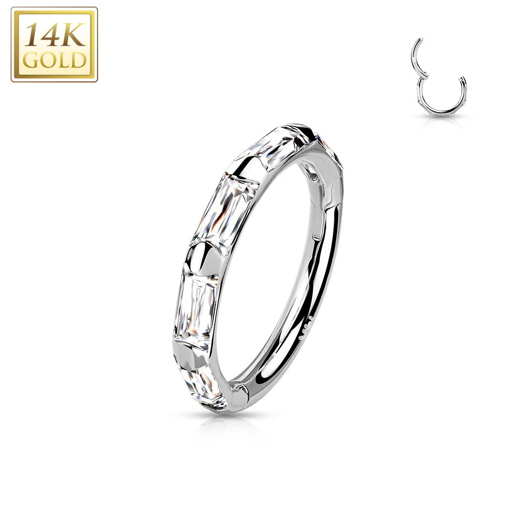 14K Solid Gold Baguette CZ Hinged Segment Hoop Ring Nose Septum Daith - Image 3