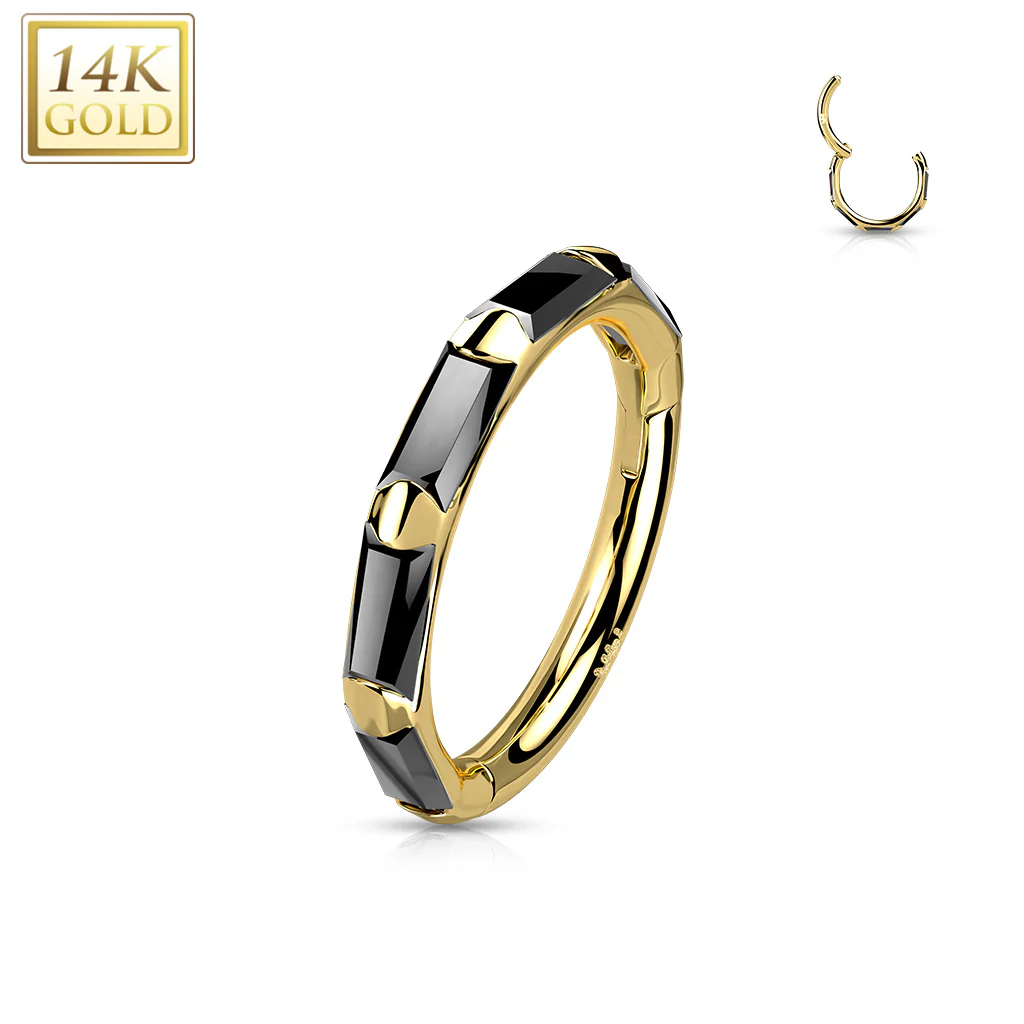 14K Solid Gold Baguette CZ Hinged Segment Hoop Ring Nose Septum Daith - Image 4