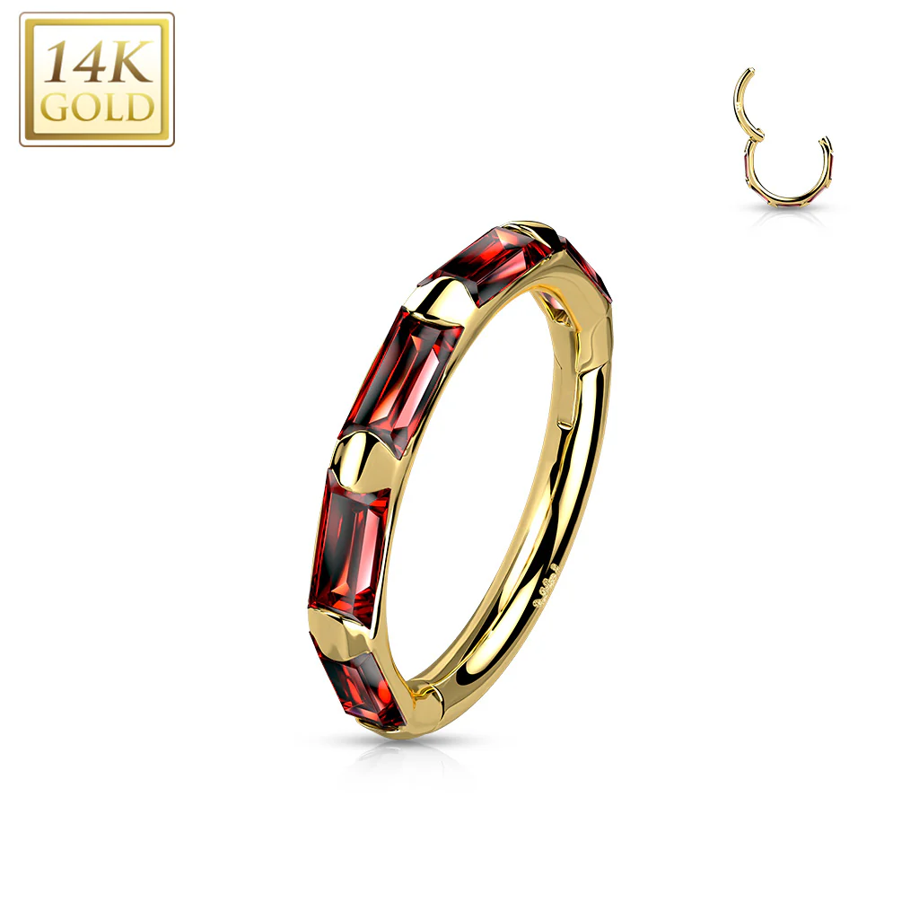 14K Solid Gold Baguette CZ Hinged Segment Hoop Ring Nose Septum Daith - Image 5