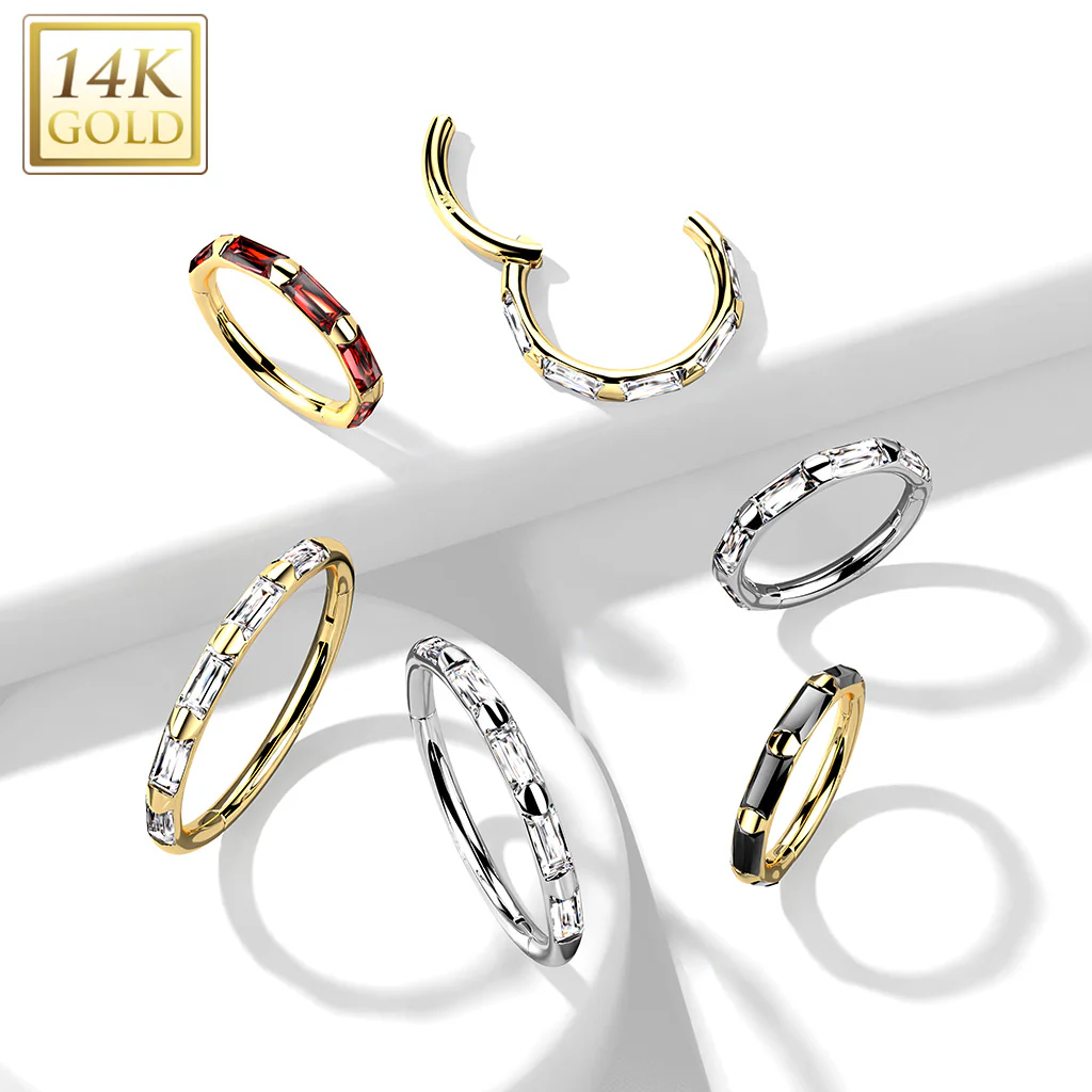 14K Solid Gold Baguette CZ Hinged Segment Hoop Ring Nose Septum Daith - Image 6