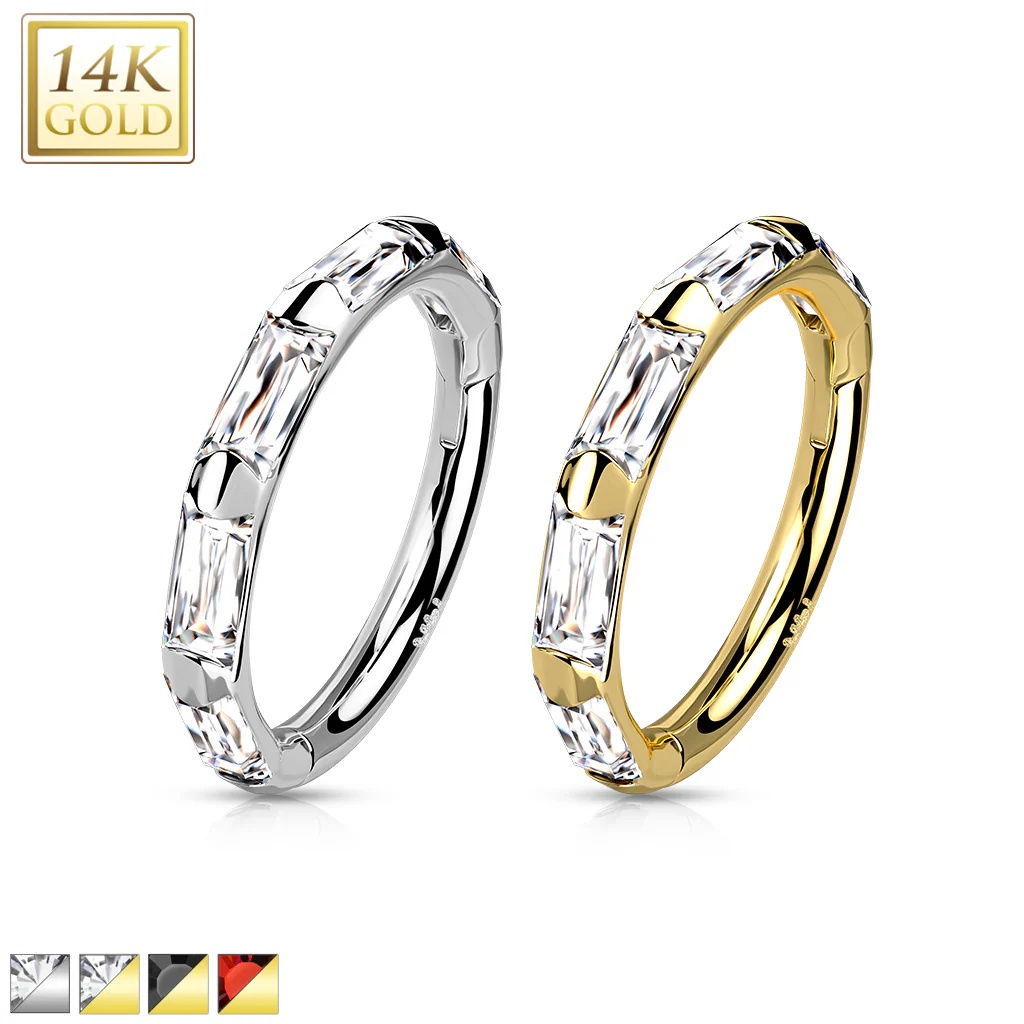 14K Solid Gold Baguette CZ Hinged Segment Hoop Ring Nose Septum Daith - Image 7