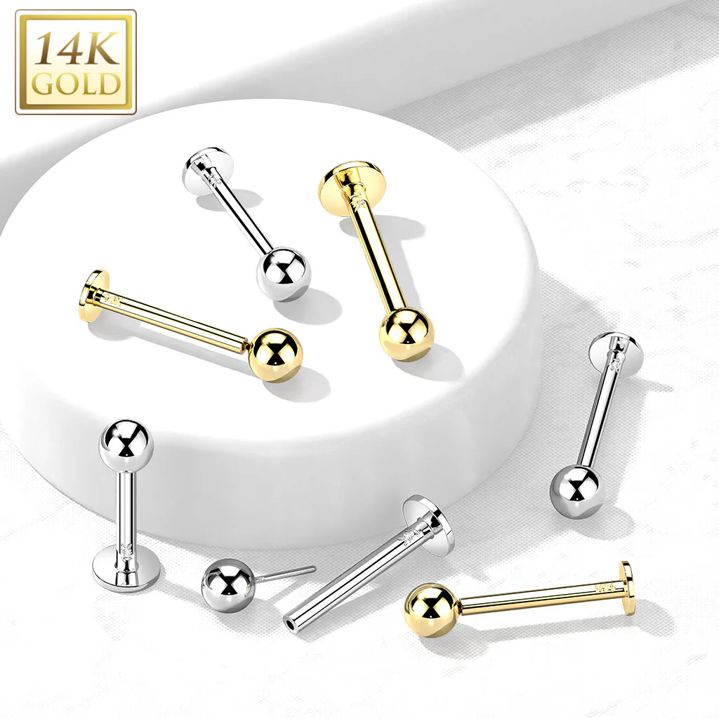 14K Solid Gold Ball Top Threadless Push-In Labret for Cartilage Monroe