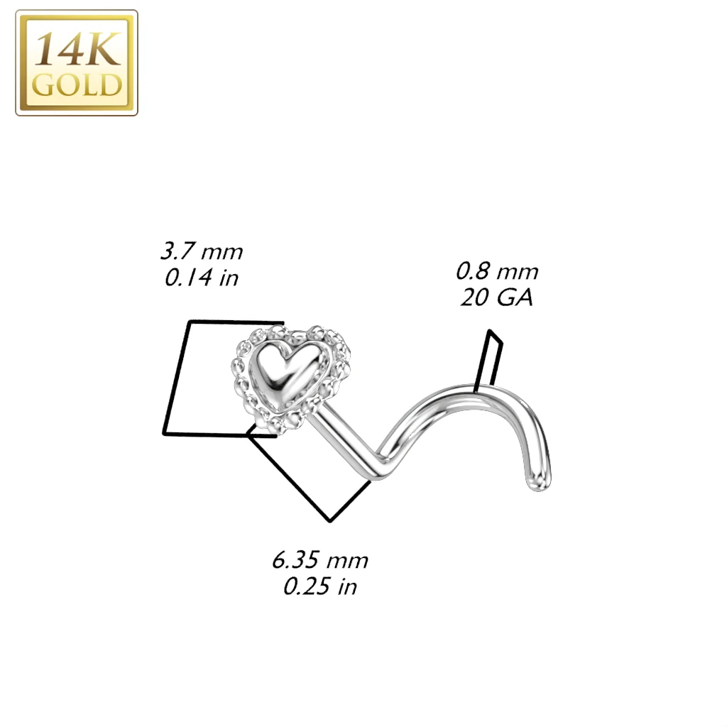 14K Solid Gold Beaded Edge Heart Top Nose Screw Ring - Image 2