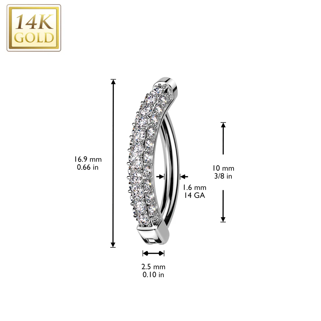 14K Solid Gold Clicker Belly Button Navel Ring with 3 CNC Pave CZ - Image 2