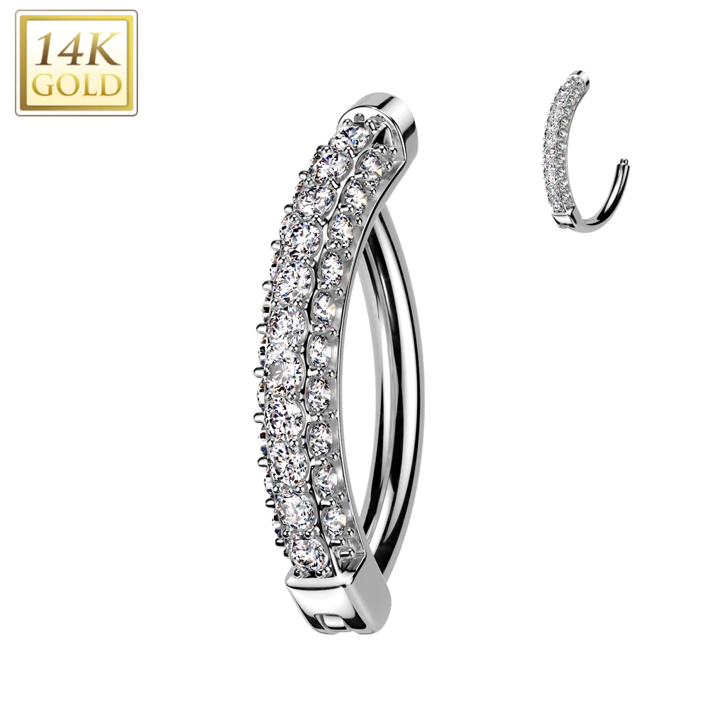 14K Solid Gold Clicker Belly Button Navel Ring with 3 CNC Pave CZ - Image 3