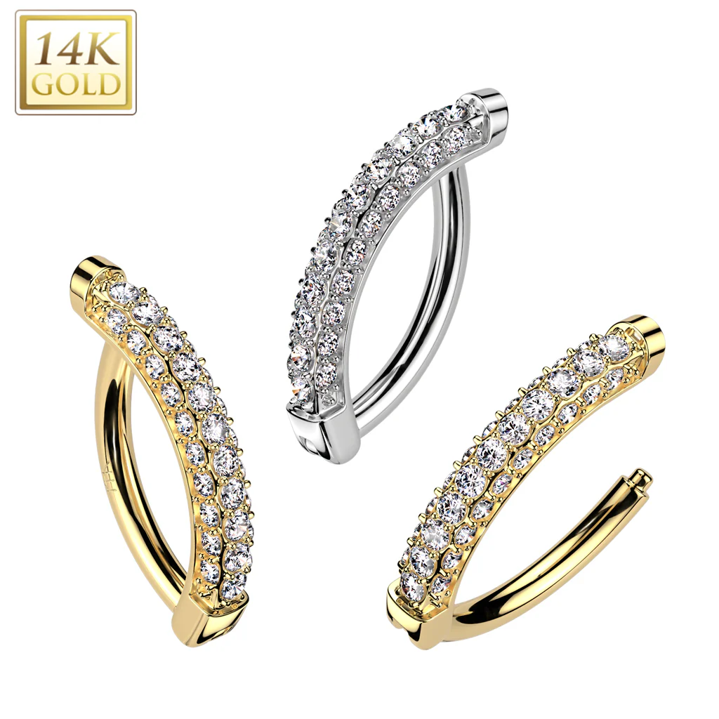 14K Solid Gold Clicker Belly Button Navel Ring with 3 CNC Pave CZ - Image 4