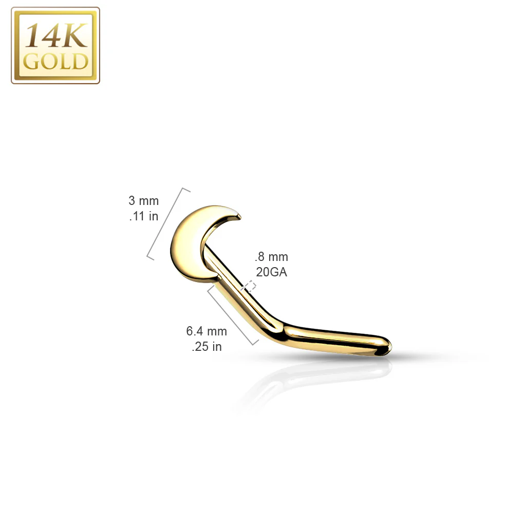 14K Solid Gold Crescent Moon Top L Bend Nose Stud Ring - Image 2