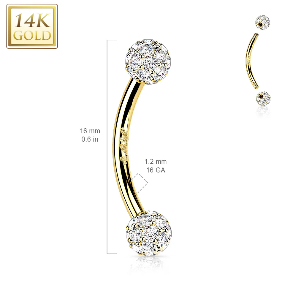 14K Solid Gold CZ Balls Curve Barbell Eyebrow Ring - Image 2