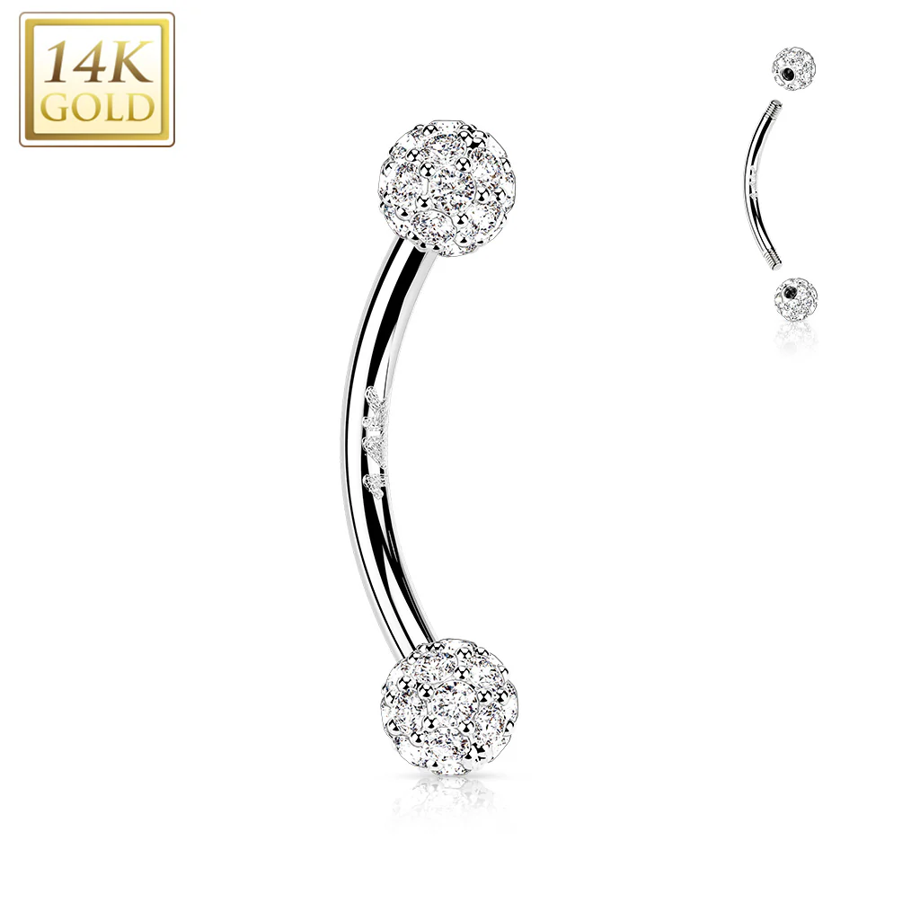 14K Solid Gold CZ Balls Curve Barbell Eyebrow Ring - Image 3