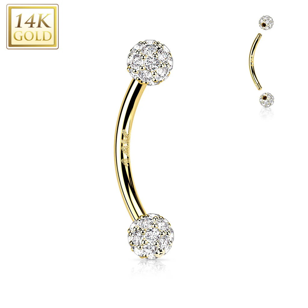 14K Solid Gold CZ Balls Curve Barbell Eyebrow Ring - Image 4