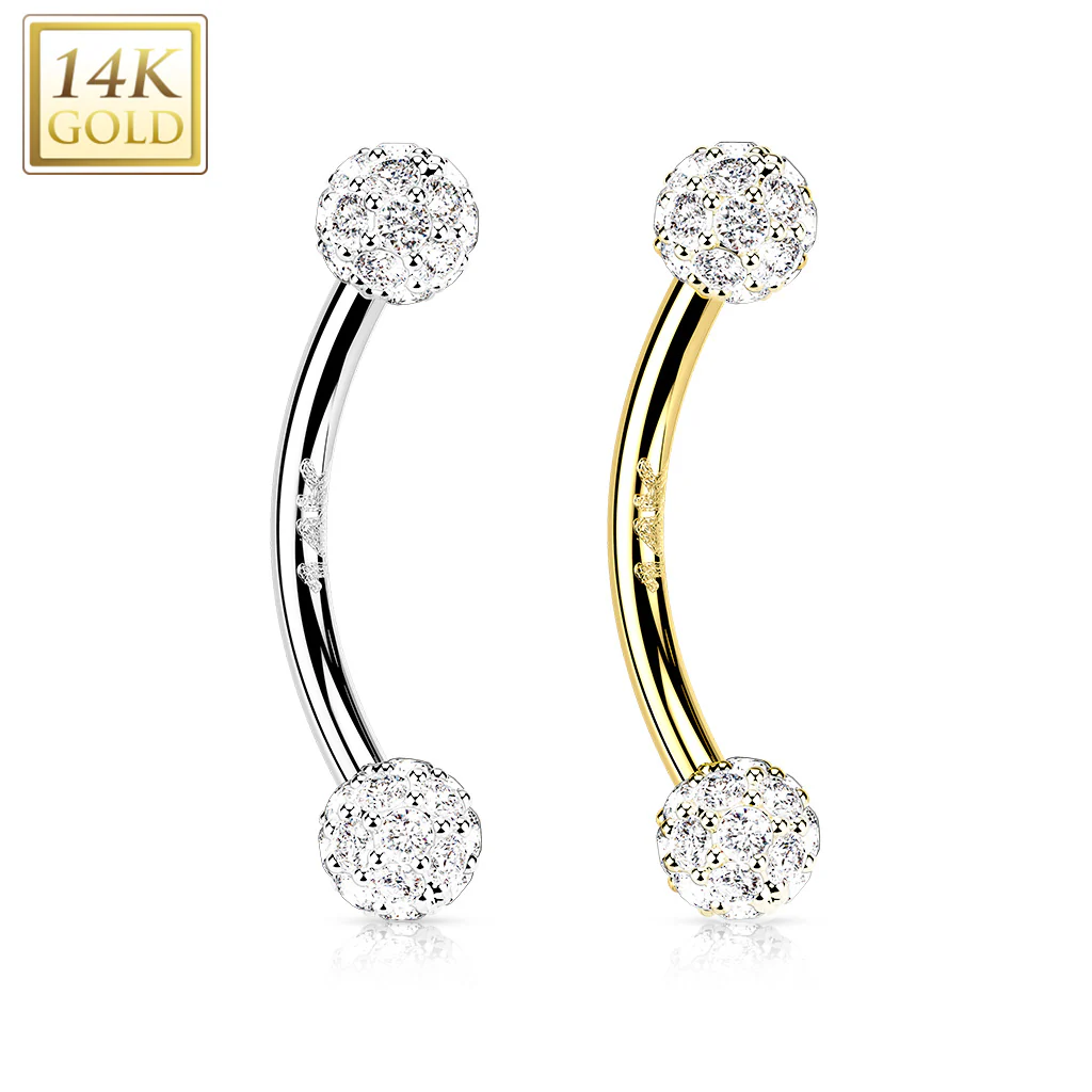 14K Solid Gold CZ Balls Curve Barbell Eyebrow Ring - Image 5