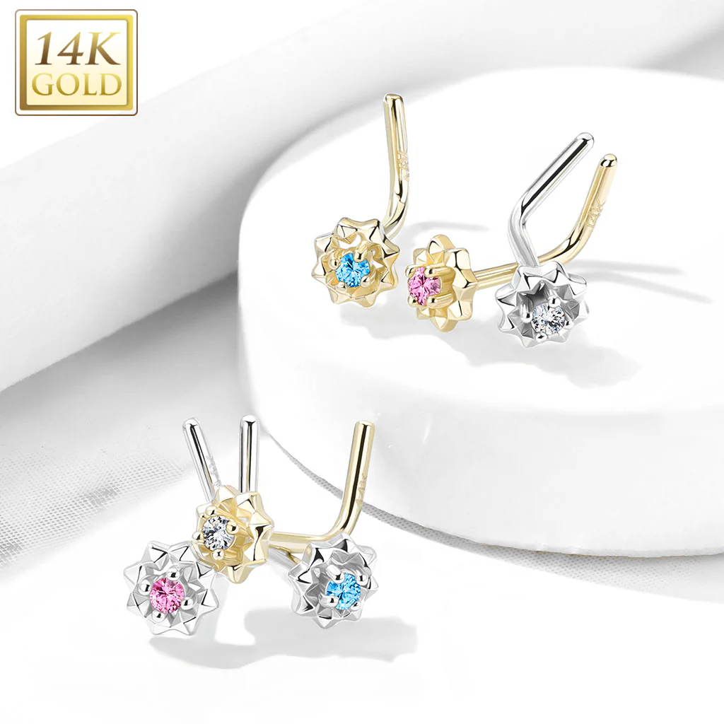 14K Solid Gold CZ Center Starburst L Bend Nose Ring