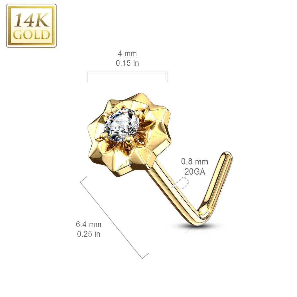 14K Solid Gold CZ Center Starburst L Bend Nose Ring - Image 3