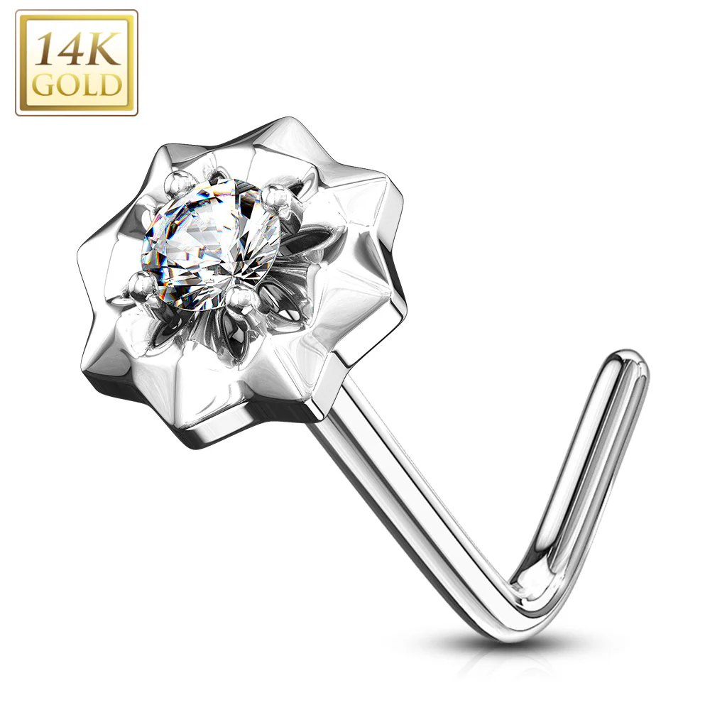 14K Solid Gold CZ Center Starburst L Bend Nose Ring - Image 4