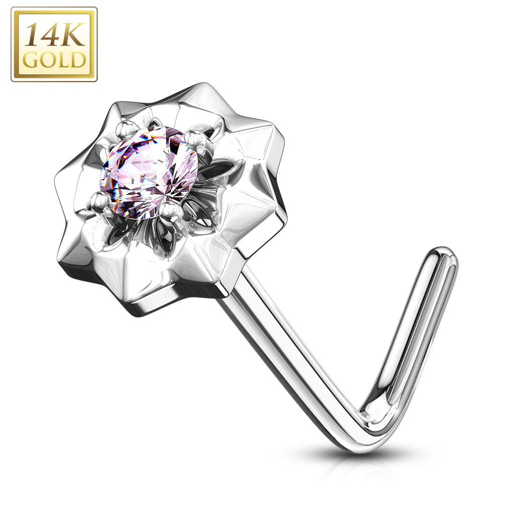 14K Solid Gold CZ Center Starburst L Bend Nose Ring - Image 5