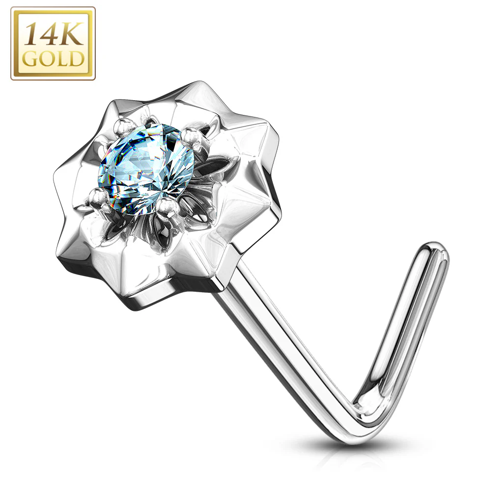 14K Solid Gold CZ Center Starburst L Bend Nose Ring - Image 6