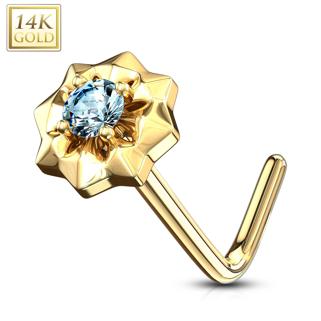 14K Solid Gold CZ Center Starburst L Bend Nose Ring - Image 9