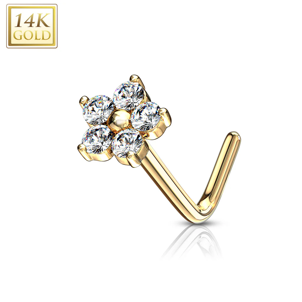 14K Solid Gold CZ Flower Top L Bend Nose Stud Ring