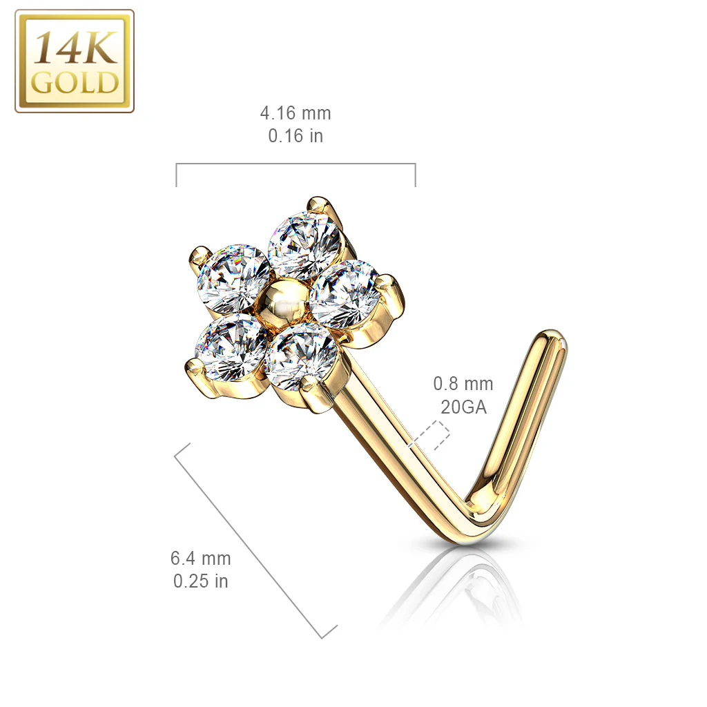 14K Solid Gold CZ Flower Top L Bend Nose Stud Ring - Image 2