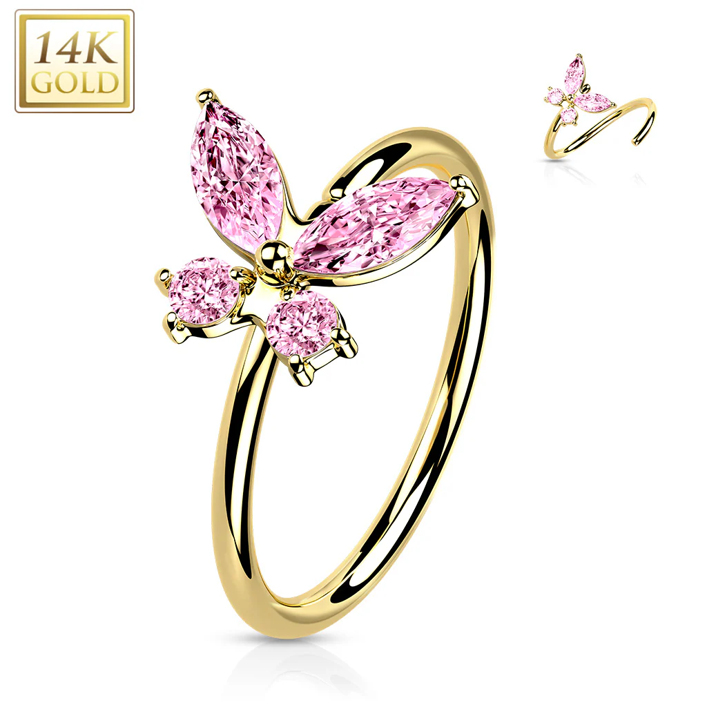 14K Solid Gold Opal or CZ Butterfly Nose Hoop Ring Ear Cartilage Tragus