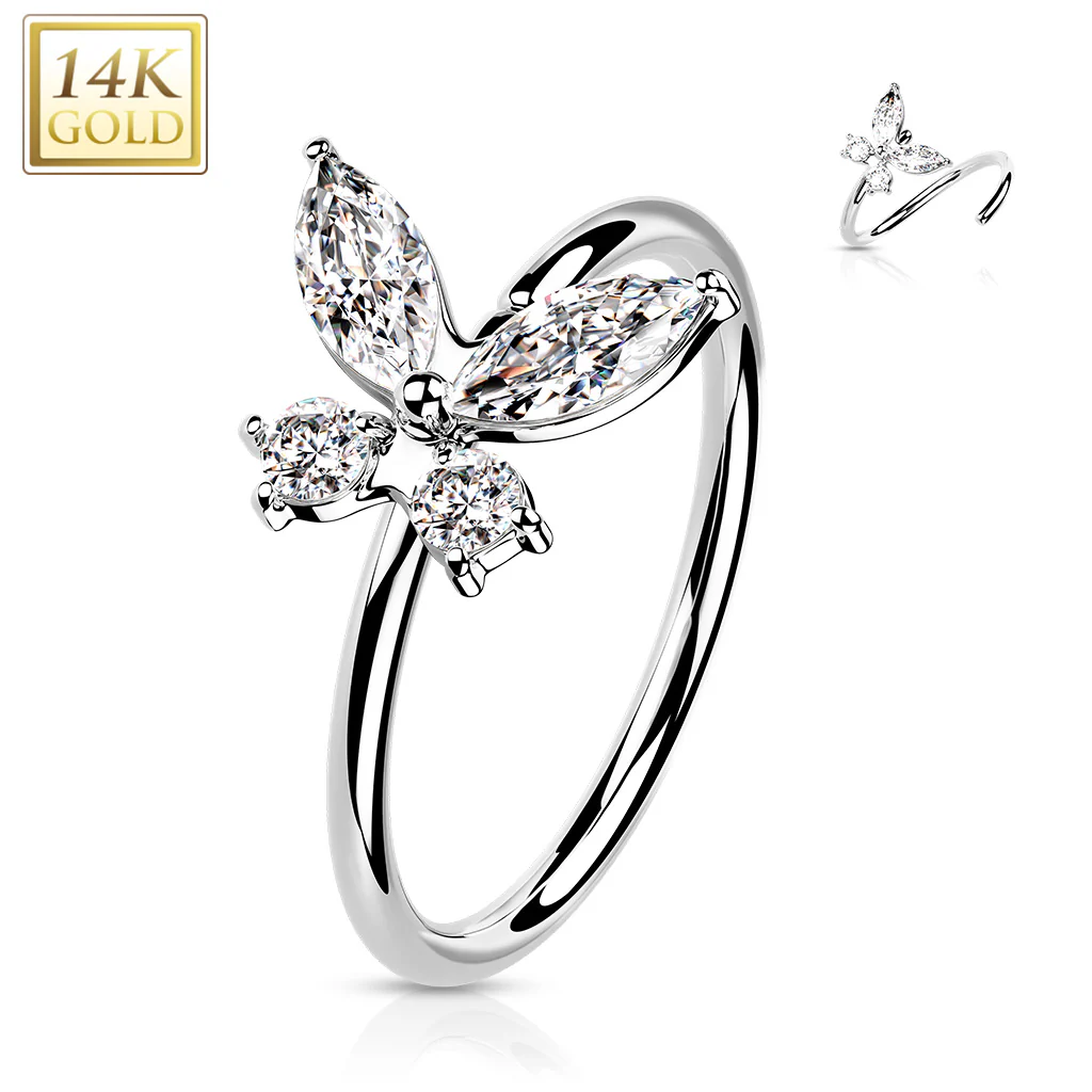 14K Solid Gold Opal or CZ Butterfly Nose Hoop Ring Ear Cartilage Tragus - Image 10
