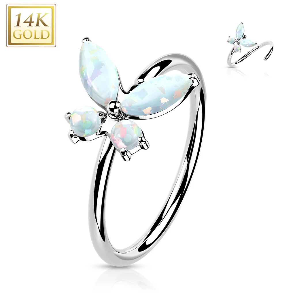14K Solid Gold Opal or CZ Butterfly Nose Hoop Ring Ear Cartilage Tragus - Image 11