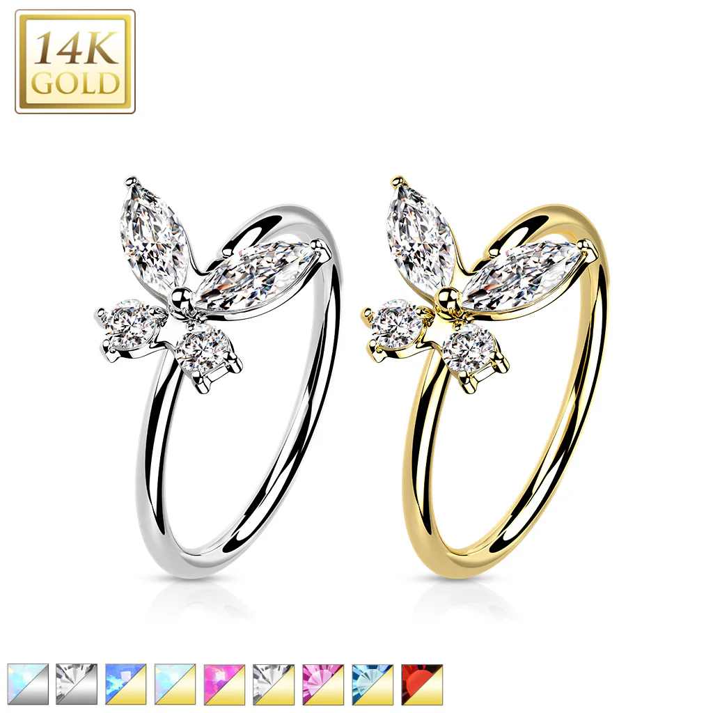 14K Solid Gold Opal or CZ Butterfly Nose Hoop Ring Ear Cartilage Tragus - Image 12