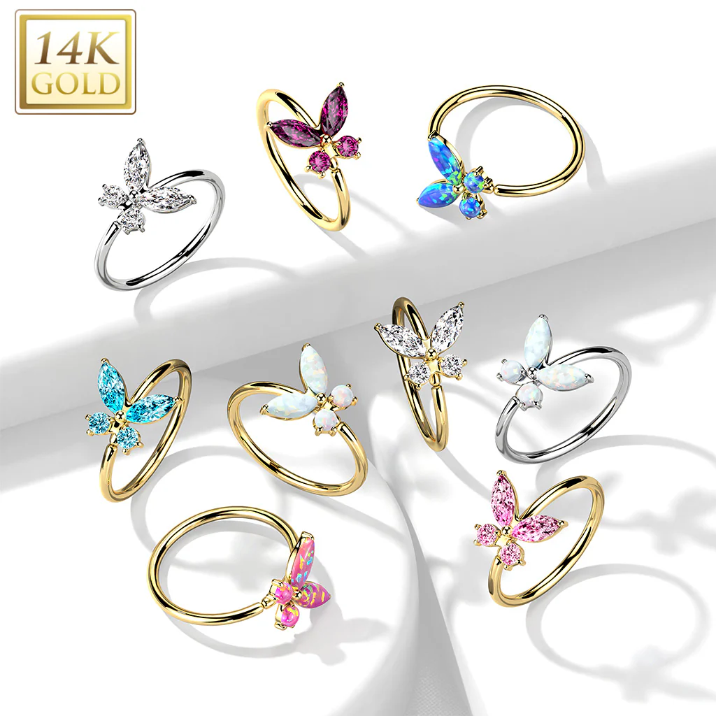 14K Solid Gold Opal or CZ Butterfly Nose Hoop Ring Ear Cartilage Tragus - Image 13