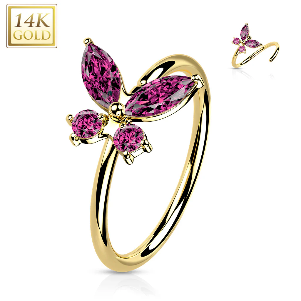 14K Solid Gold Opal or CZ Butterfly Nose Hoop Ring Ear Cartilage Tragus - Image 3