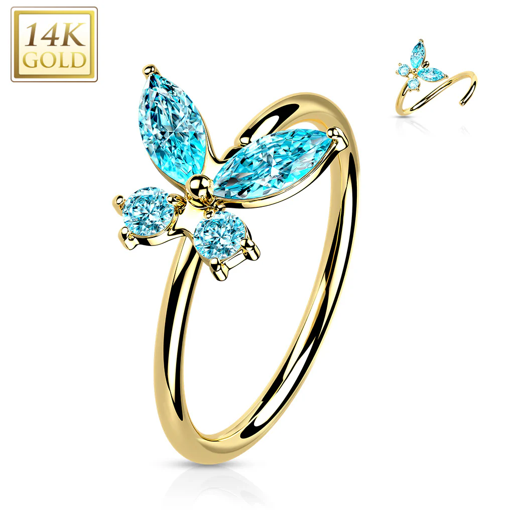 14K Solid Gold Opal or CZ Butterfly Nose Hoop Ring Ear Cartilage Tragus - Image 4