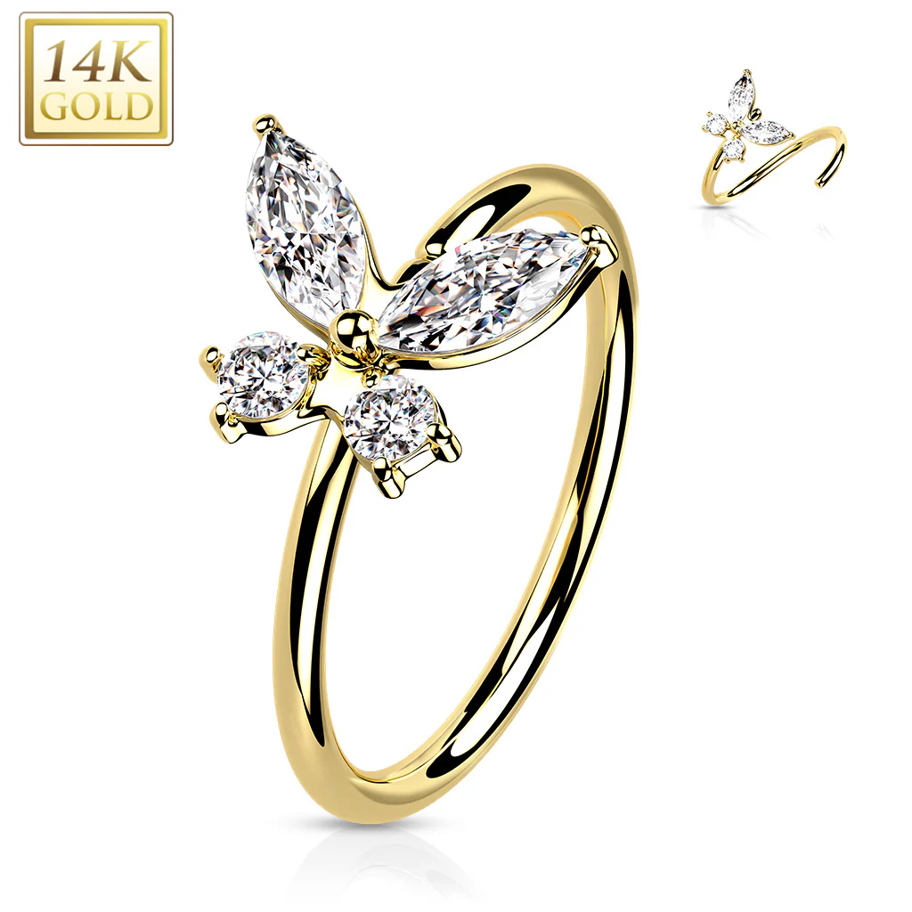 14K Solid Gold Opal or CZ Butterfly Nose Hoop Ring Ear Cartilage Tragus - Image 5