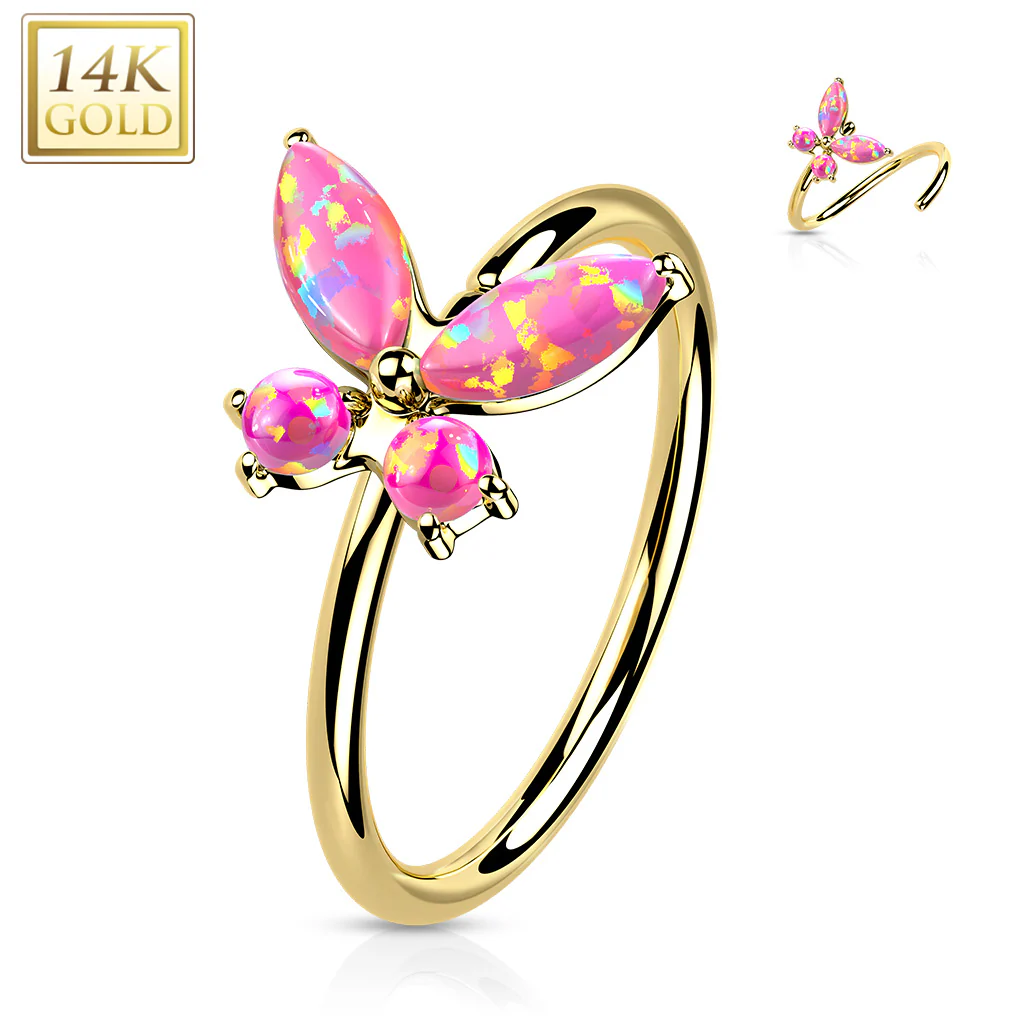 14K Solid Gold Opal or CZ Butterfly Nose Hoop Ring Ear Cartilage Tragus - Image 6