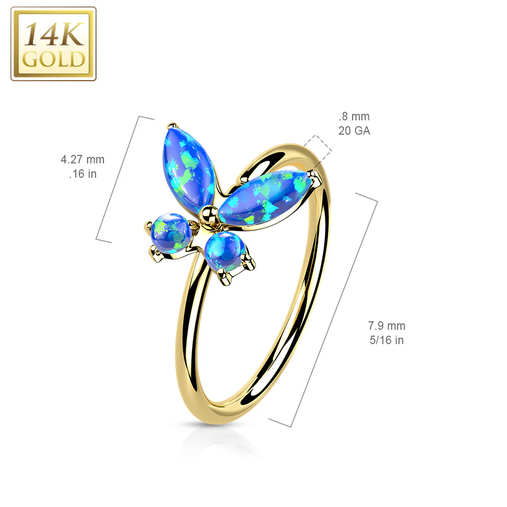 14K Solid Gold Opal or CZ Butterfly Nose Hoop Ring Ear Cartilage Tragus - Image 7