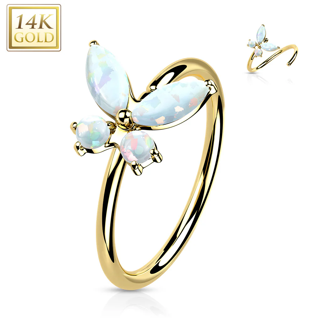 14K Solid Gold Opal or CZ Butterfly Nose Hoop Ring Ear Cartilage Tragus - Image 8