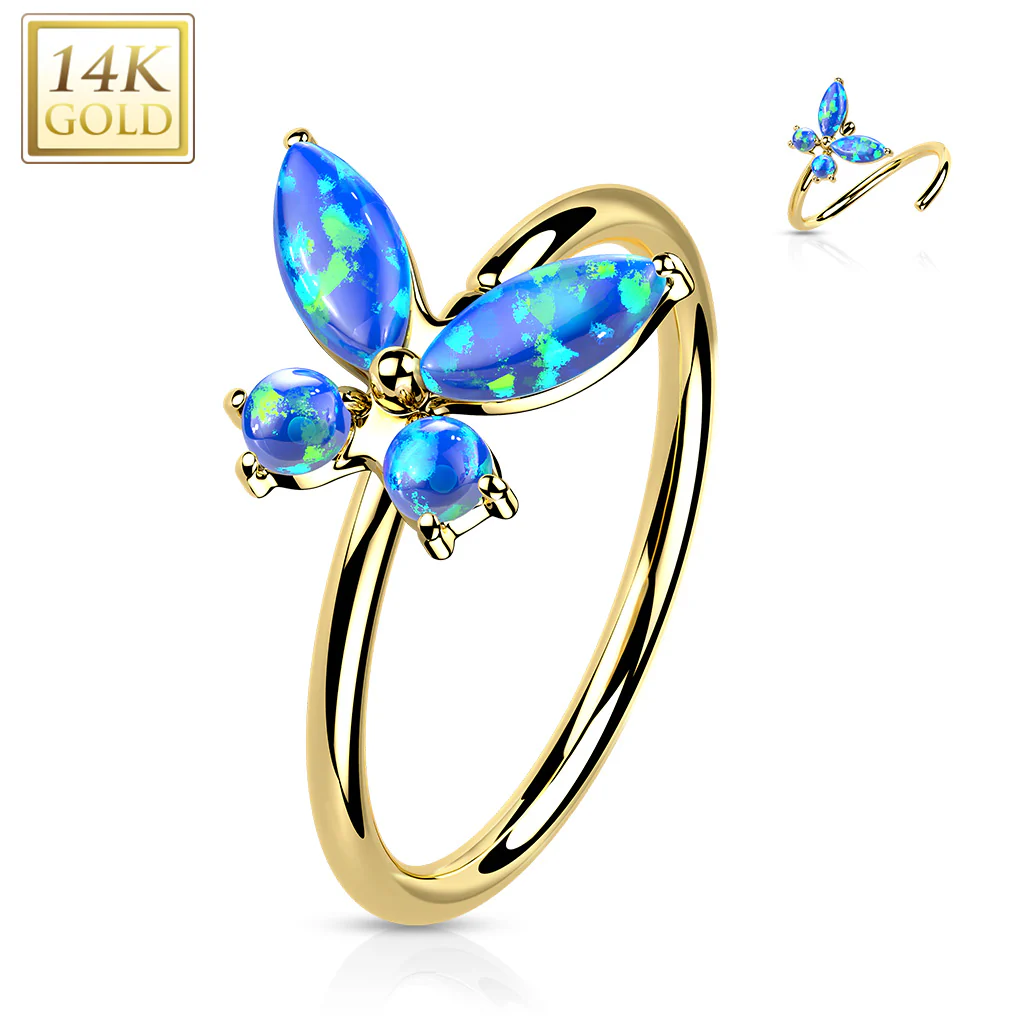 14K Solid Gold Opal or CZ Butterfly Nose Hoop Ring Ear Cartilage Tragus - Image 9