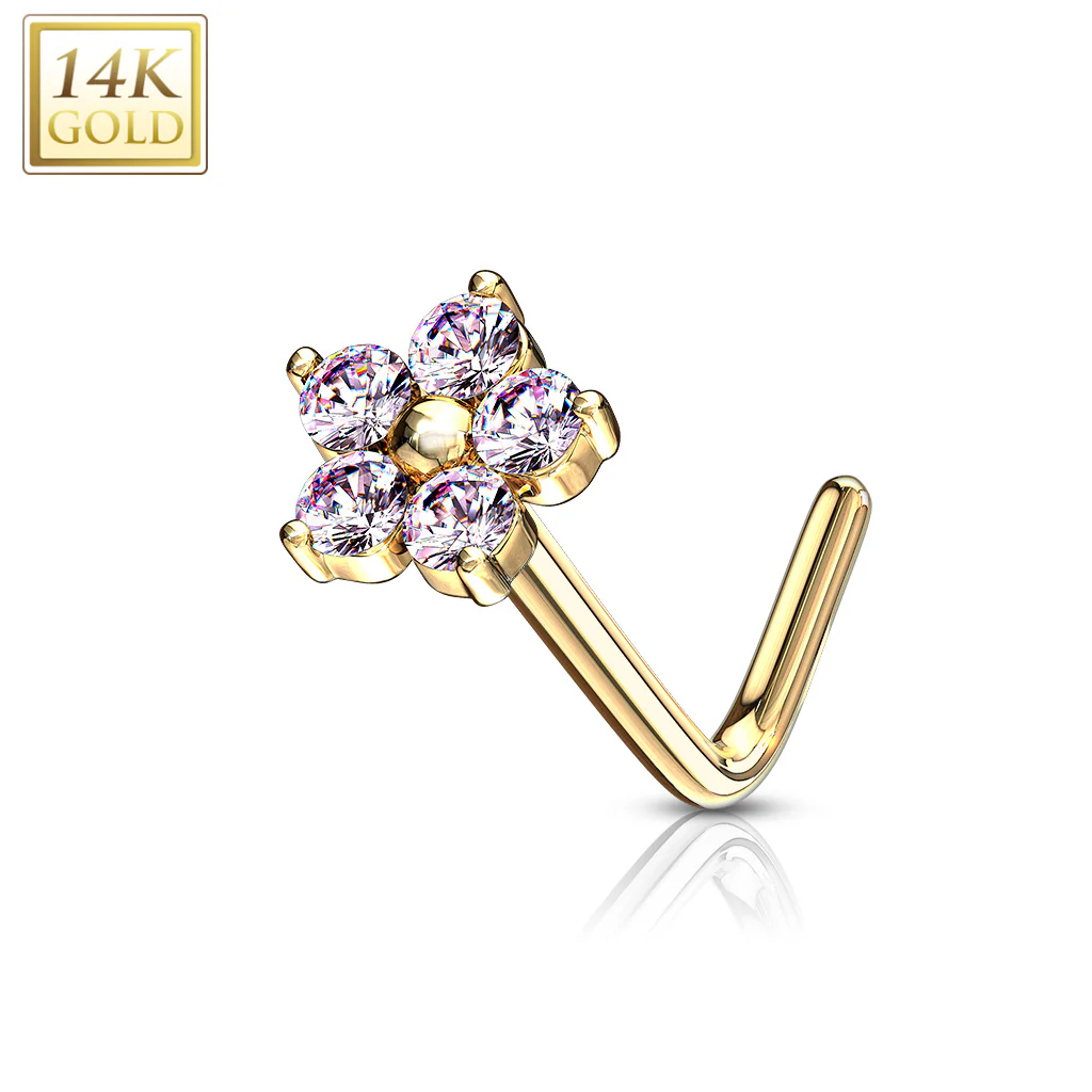 14K Solid Gold CZ Flower Top L Bend Nose Stud Ring - Image 8