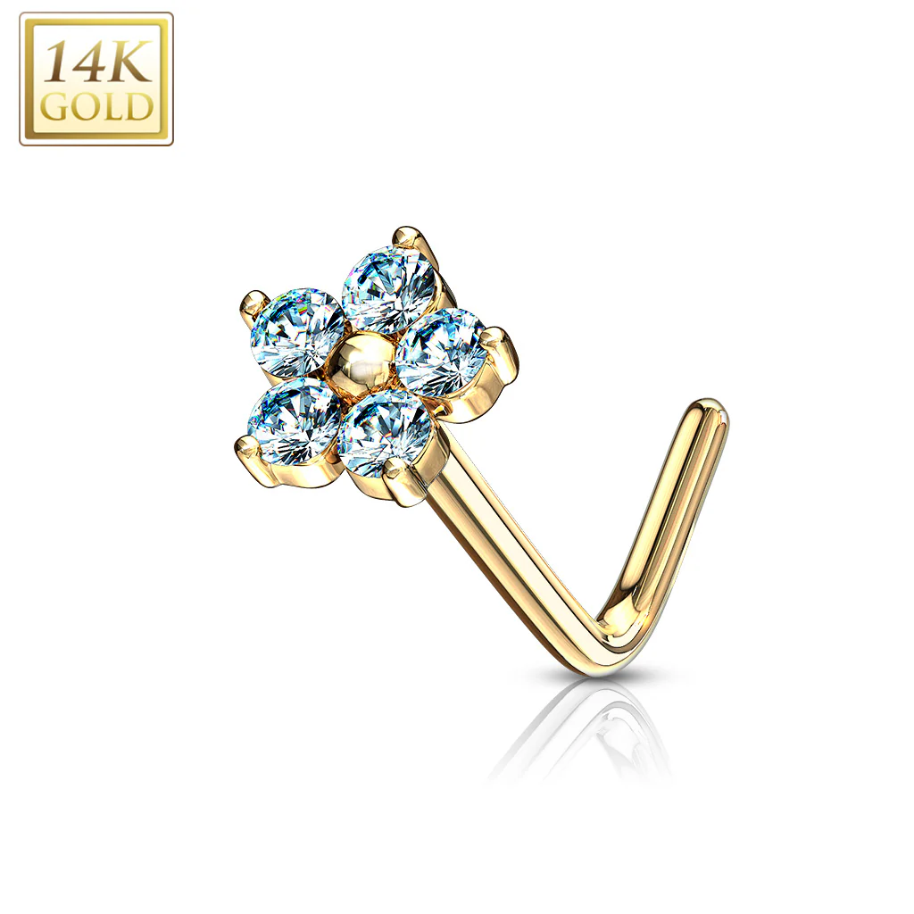 14K Solid Gold CZ Flower Top L Bend Nose Stud Ring - Image 9