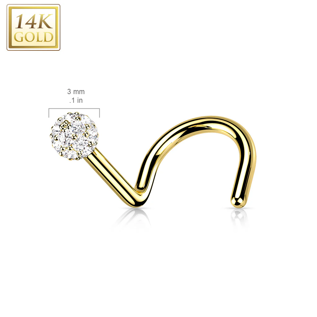 14K Solid Gold CZ Paved Ball Nose Screw Ring - Image 2