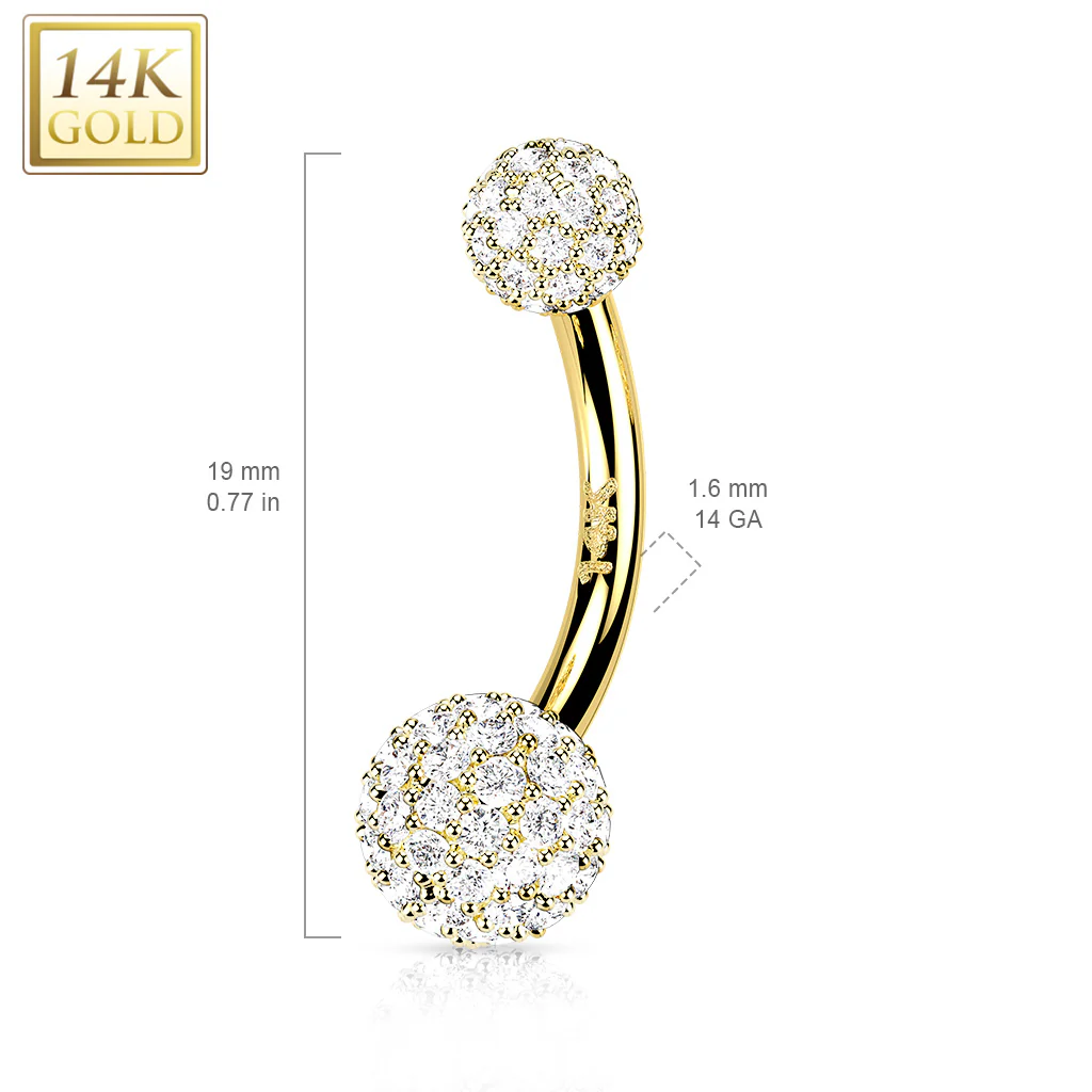 14K Solid Gold CZ Paved Balls Belly Button Navel Ring - Image 2