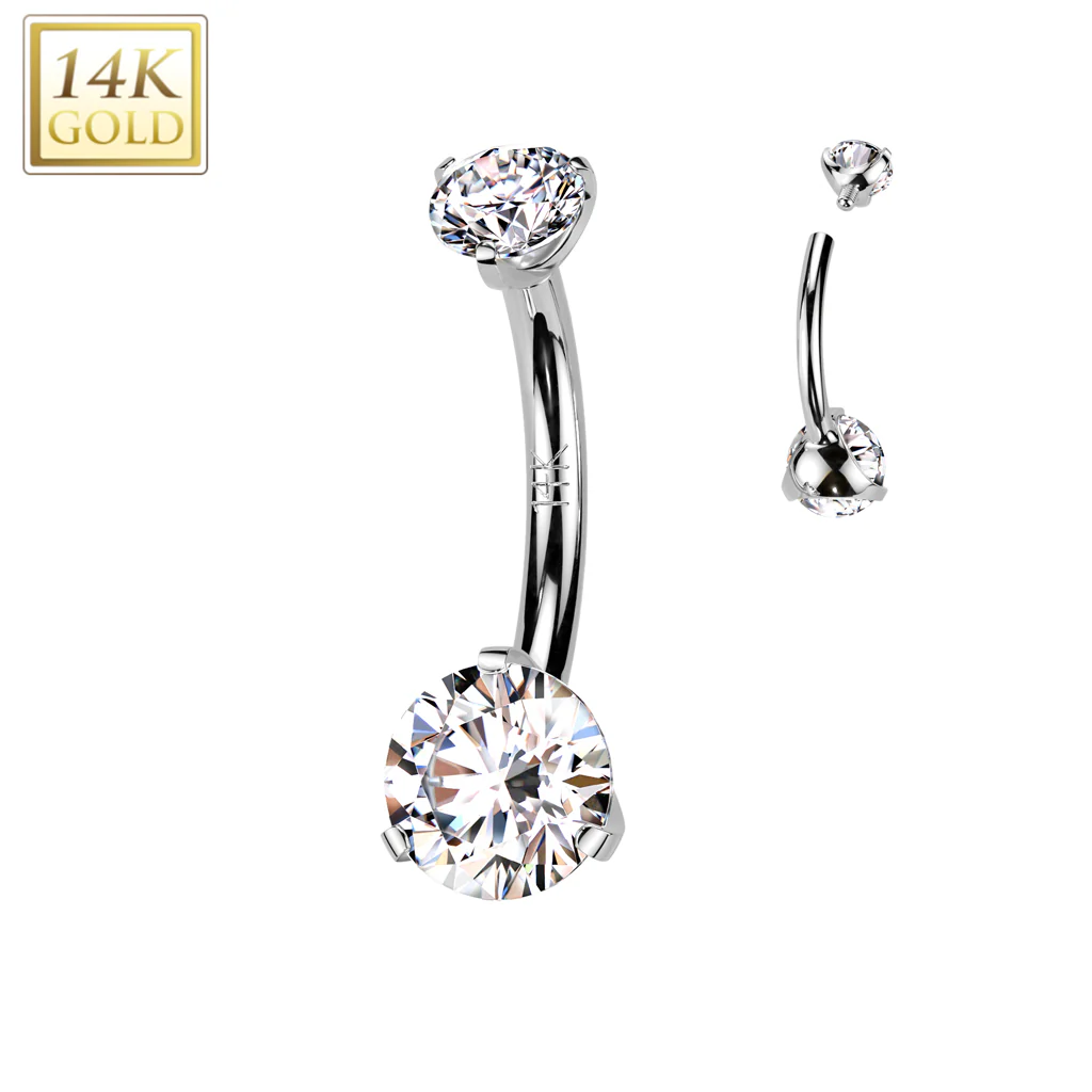 14K Solid Gold Prong Set 6 MM CZ Belly Button Navel Ring - Image 2