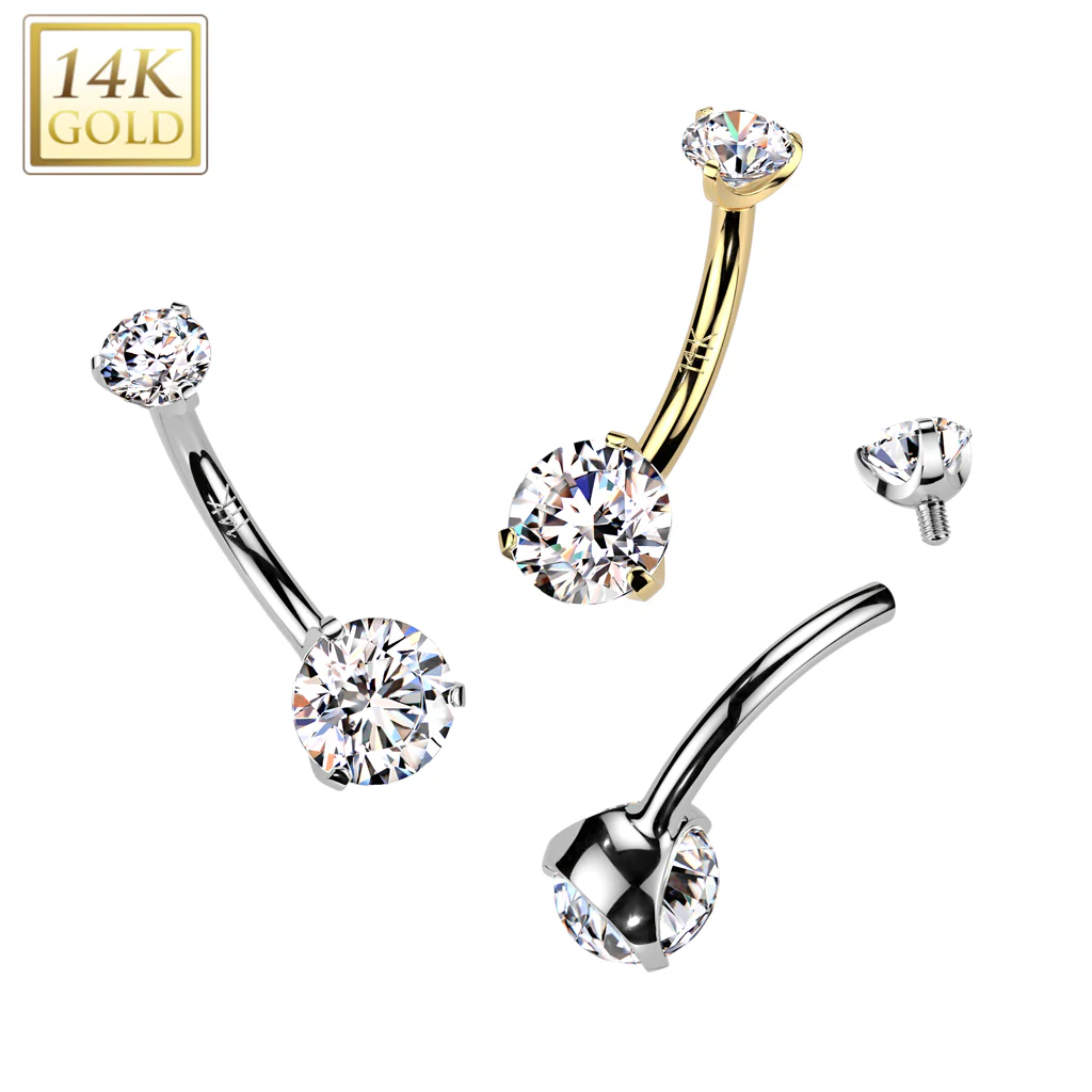 14K Solid Gold Prong Set 6 MM CZ Belly Button Navel Ring - Image 3