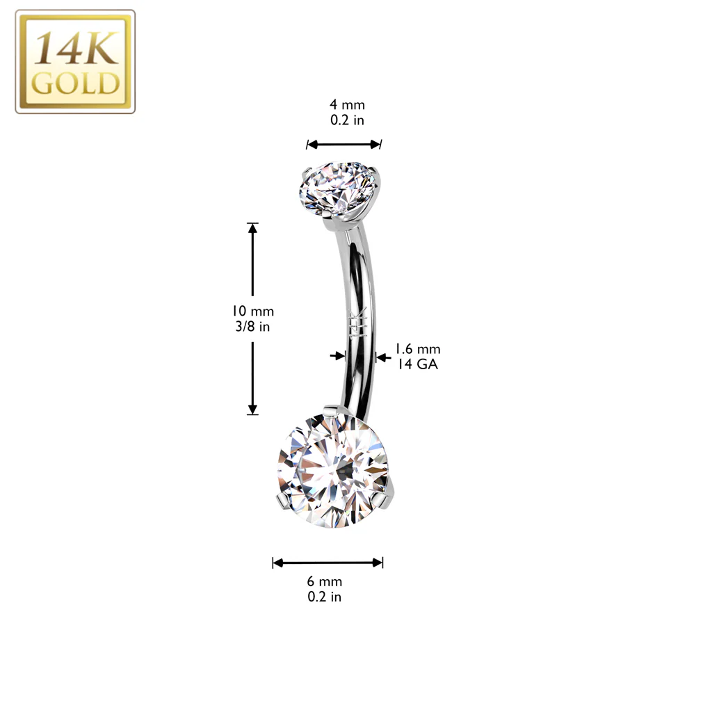 14K Solid Gold Prong Set 6 MM CZ Belly Button Navel Ring - Image 4