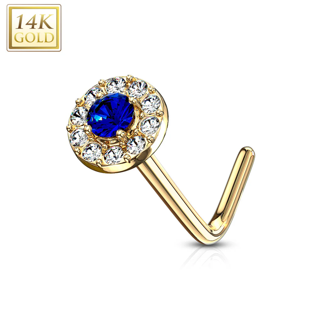 14K Solid Gold CZ Paved Round Top L Bend Nose Stud Ring - Image 10