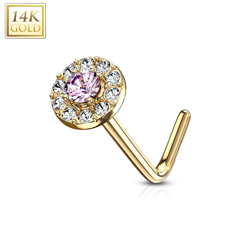 14K Solid Gold CZ Paved Round Top L Bend Nose Stud Ring - Image 11