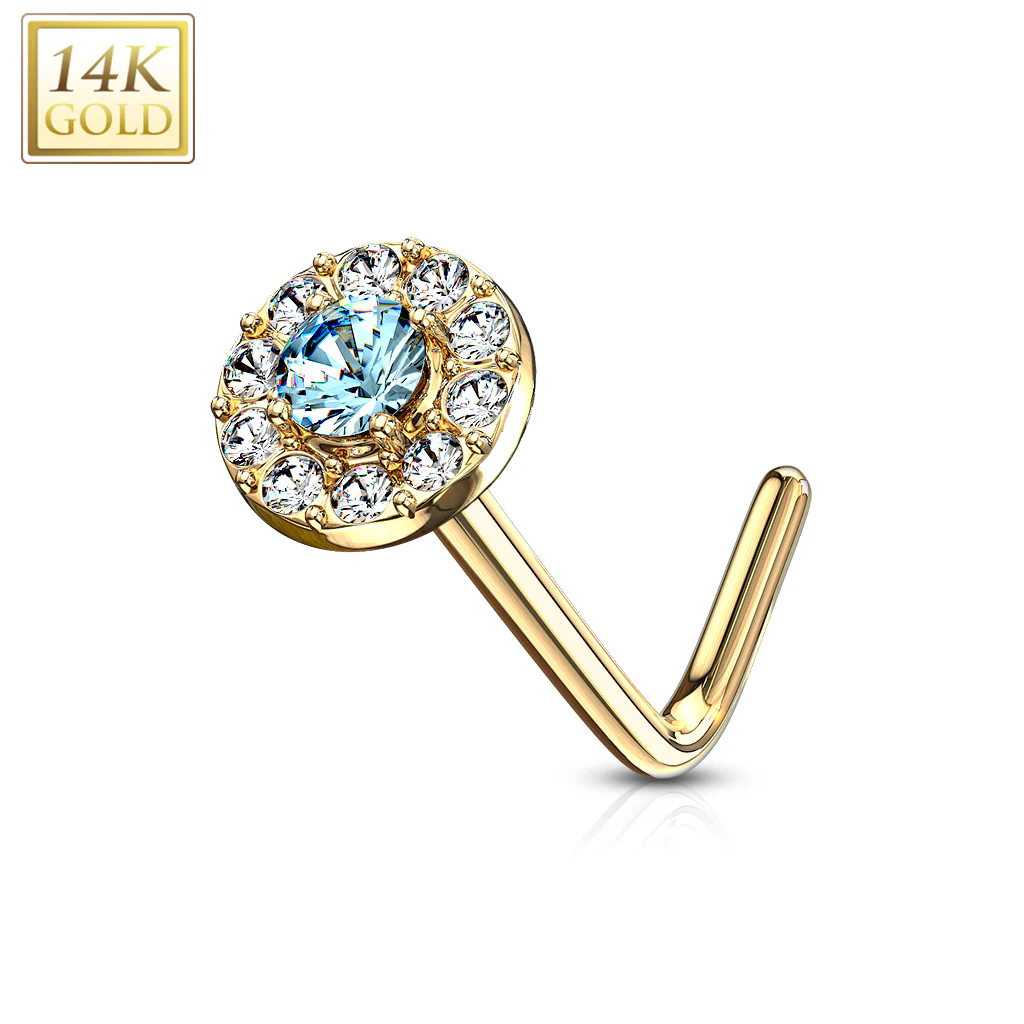 14K Solid Gold CZ Paved Round Top L Bend Nose Stud Ring - Image 12