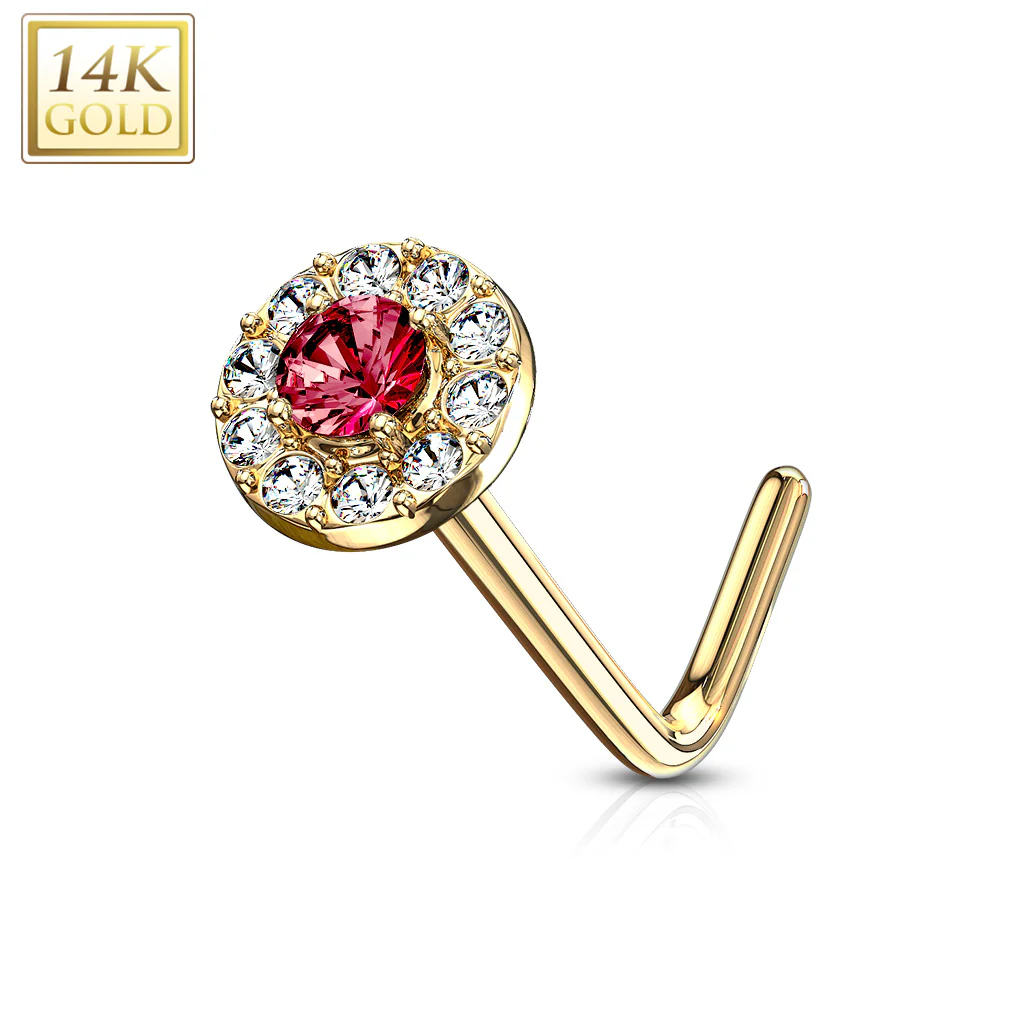 14K Solid Gold CZ Paved Round Top L Bend Nose Stud Ring - Image 13