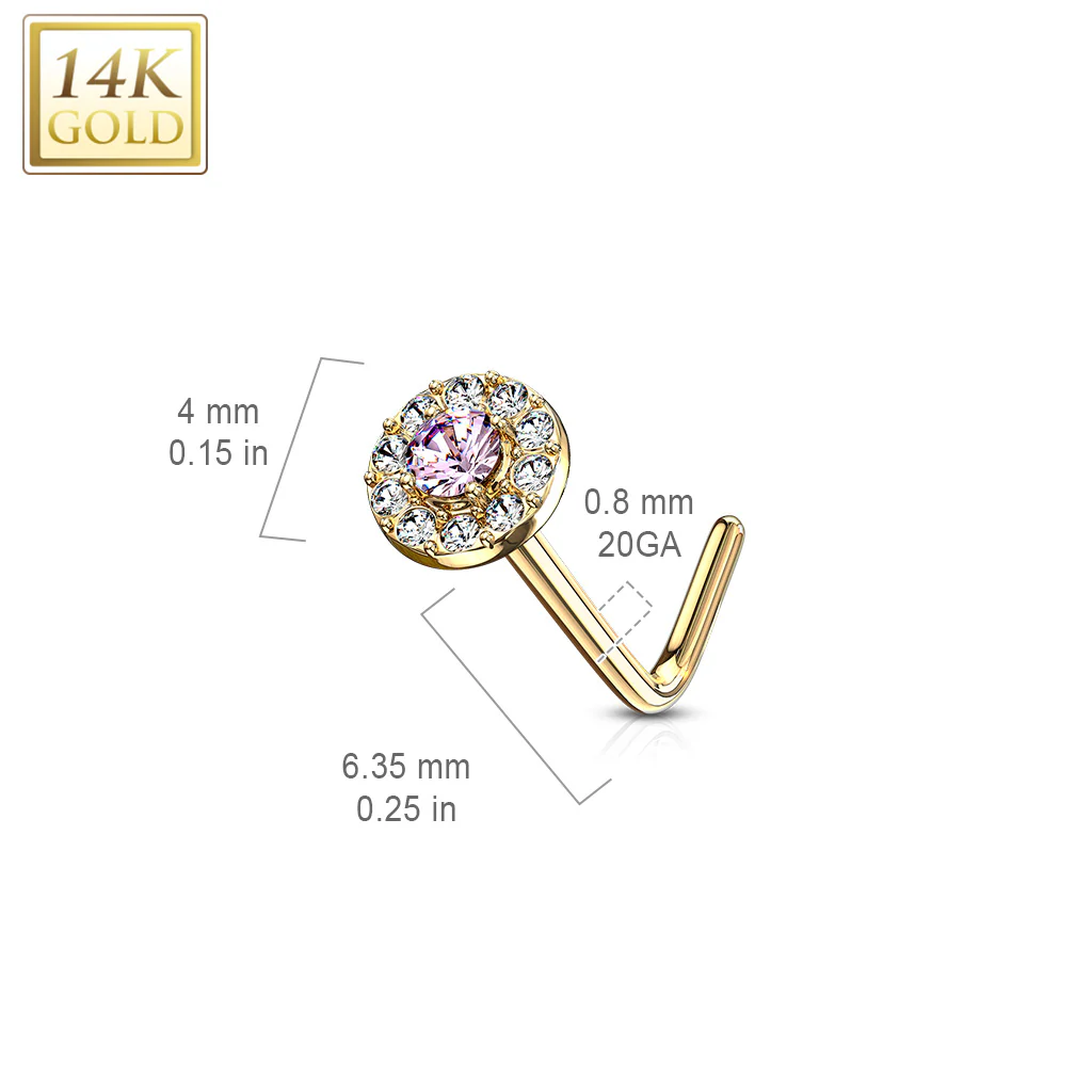 14K Solid Gold CZ Paved Round Top L Bend Nose Stud Ring - Image 3